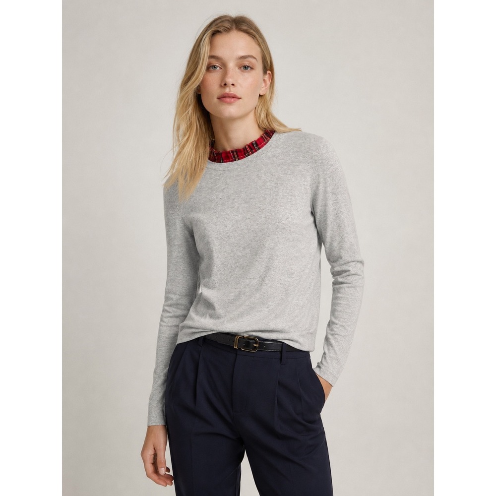 J.Crew Womens Plaid Ruffle Trim Sweater S Preppy Gray Long Sleeve Pullover‎